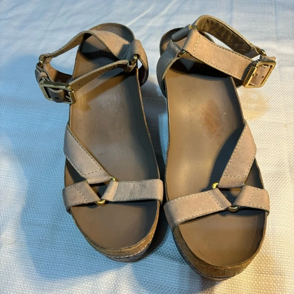 Tory Burch Taupe Leather Wedge Ankle Strap Sandals Size 8.5